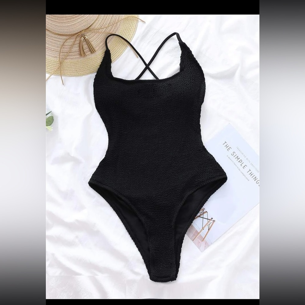 SHEIN Black Open Back Criss Cross Strap One Piece Swimsuit